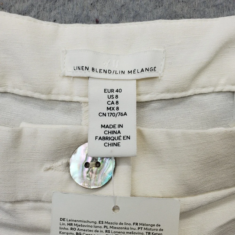 H&M Wide Leg Pants Womens 8 White Linen Blend Melange Flowy Chic Mid Rise